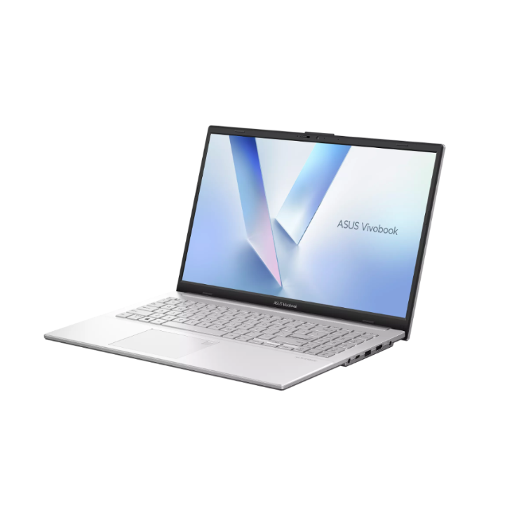 Prenosnik ASUS Vivobook v srebrni barvi z odprtim zaslonom, prikazan iz sprednjega bočnega kota.