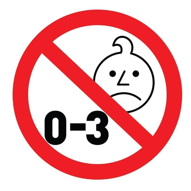 Opozorilni simbol prepovedi za otroke od 0 do 3 let zaradi majhnih delov.