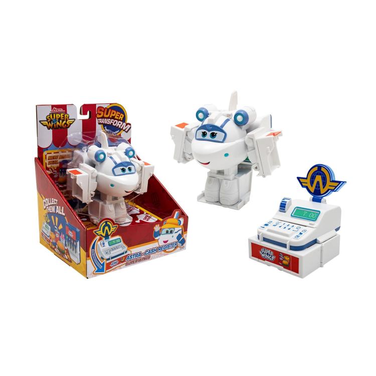 Igralni set Super Wings Astra Cash Register z transformirajočo figuro Astra in blagajno, primeren za otroke 3+.