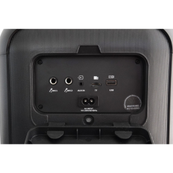 Zadnja plošča zvočnika Blaunpunkt s priključki MIC, AUX, USB, TF, AC vhodom in jasno označenimi ikonami.