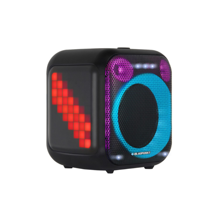 Prenosni zvočnik Blaunpunkt s črnim ohišjem, RGB LED obročem spredaj in stranskim LED svetlobnim vzorcem.