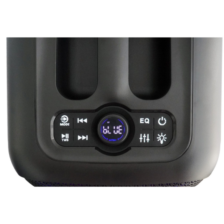 Zadnja plošča zvočnika Blaunpunkt s priključki MIC, AUX, USB, TF, AC vhodom in jasno označenimi ikonami.