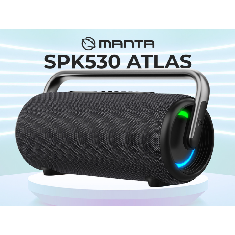 Manta SPK530 Atlas z RGB osvetlitvijo, prikazan iz sprednjega kota na predstavitvenem podstavku.