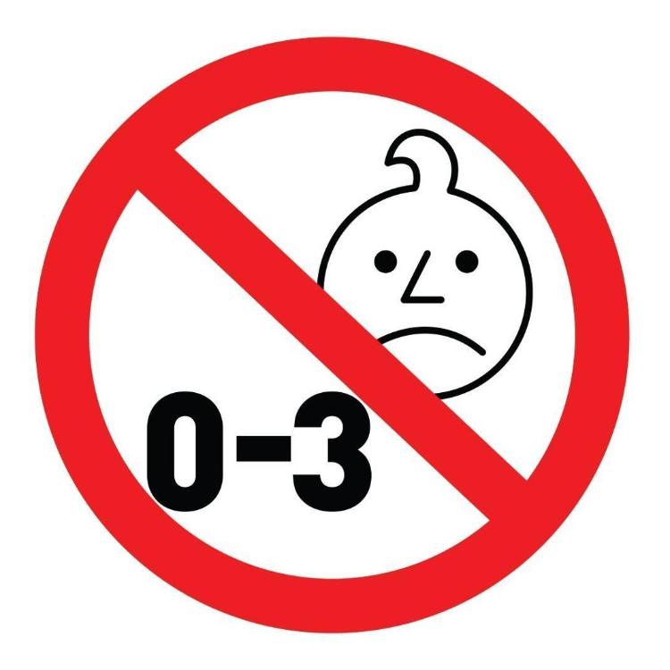 Opozorilni simbol prepovedi za otroke od 0 do 3 let zaradi majhnih delov.