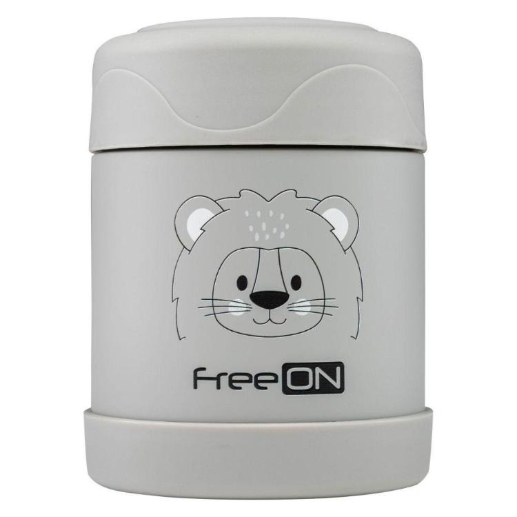 FreeON termo posoda za hrano 350 ml v sivi barvi z motivom levčka in zapiralnim pokrovom