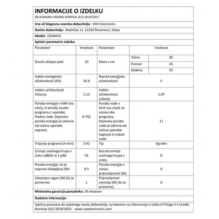 Pomivalni stroj VOX GSI 4641 E, 10 pogr., 6 programov, 45 cm