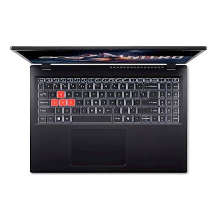 Zgornji pogled na prenosnik Acer Nitro Lite, črna tipkovnica z rdeče označenimi WASD tipkami in velik sledilnik.
