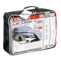 Zaprta torba z embalažo “Car Cover” velikosti M, prikazane lastnosti, mere in seznam združljivih vozil.