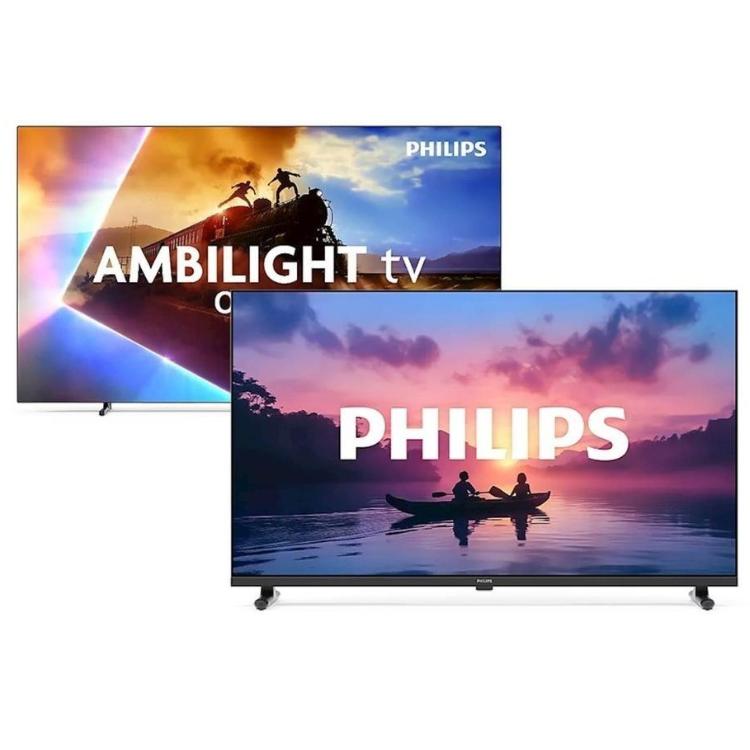 Philips TV: dva televizorja, zadnji z Ambilight osvetlitvijo, sprednji brez Ambilight, prizor čolna ob sončnem zahodu