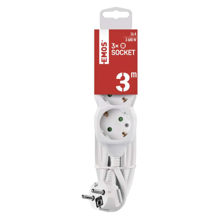 Podaljšek Emos 3 m / 3 vtičnice / beli / PVC / 1,5 mm2