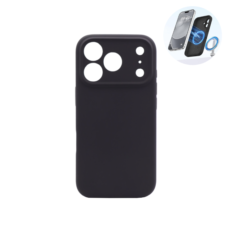 Črn silikonski ovitek N‑Soft Magnetic za iPhone 17 Pro s podporo MagSafe, mehko površino in natančno izdelanimi izrezi za kamere.
