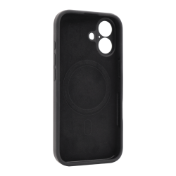 Črn silikonski ovitek N‑Soft Magnetic za iPhone 17 z vgrajenim MagSafe magnetnim obročem in natančnimi izrezi za kamero.