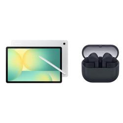 Samsung silver tablica s pisalom S Pen in temno sive brezžične slušalke v odprtem polnilnem etuiju.