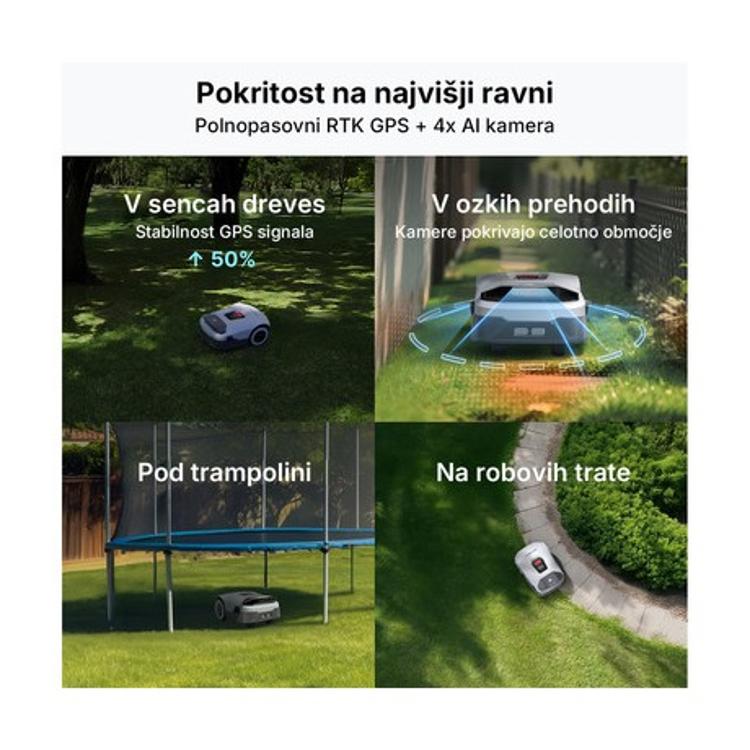 AI ANTHBOT GENIE 1000 zagotavlja natančno košnjo v senci, ozkih prehodih, pod trampolini in ob robovih trate.