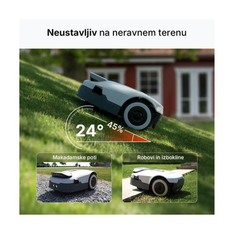 AI ANTHBOT GENIE 1000 zanesljivo kosi na naklonih do 24° ter premaguje neravne površine in robove.