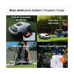 AI ANTHBAI ANTHBOT GENIE 1000 natančno kosi ob robovih trate in se samodejno vrača na polnilno postajo.OT GENIE 1000 zanesljivo kosi na naklonih do 24° ter premaguje neravne površine in robove.