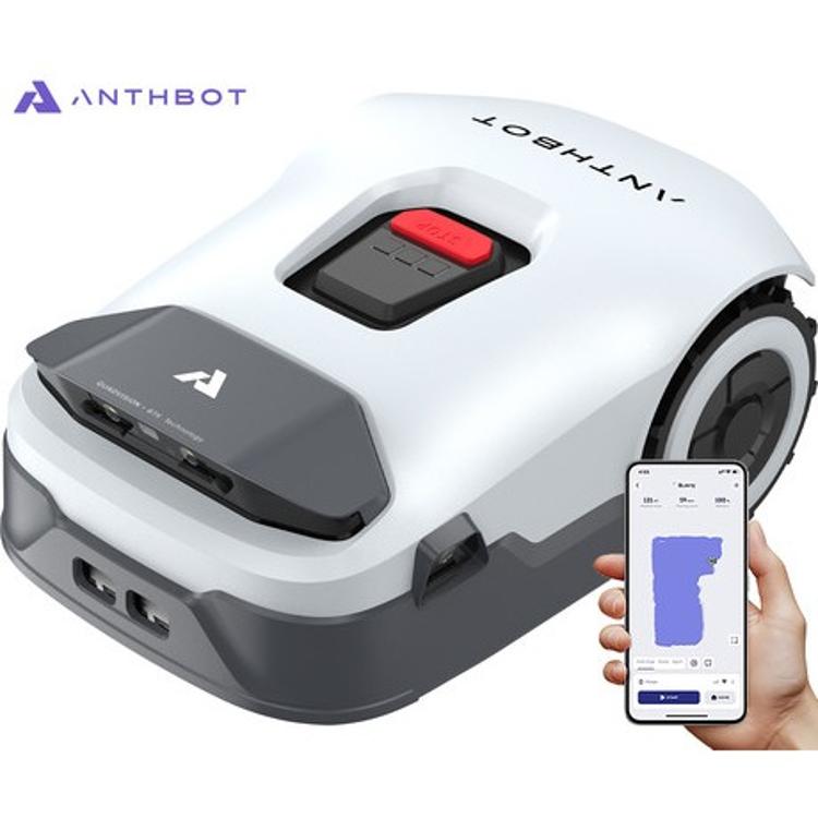 AI ANTHBOT GENIE 1000 z aplikacijo za nastavitev urnika košnje in upravljanje območij.