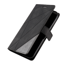 Črna preklopna torbica WLGO Lines za Xiaomi Redmi A7 Pro z magnetnim zapiranjem in elegantnim geometrijskim vzorcem.