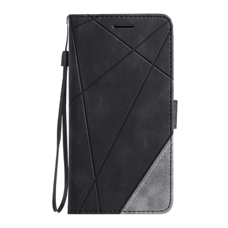 Črna preklopna torbica WLGO Lines za Xiaomi Redmi A7 Pro z vrvico za nošenje, magnetnim zapiranjem in elegantnim geometrijskim dizajnom.