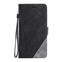 Črna preklopna torbica WLGO Lines za Xiaomi Redmi A7 Pro z vrvico za nošenje, magnetnim zapiranjem in elegantnim geometrijskim dizajnom.