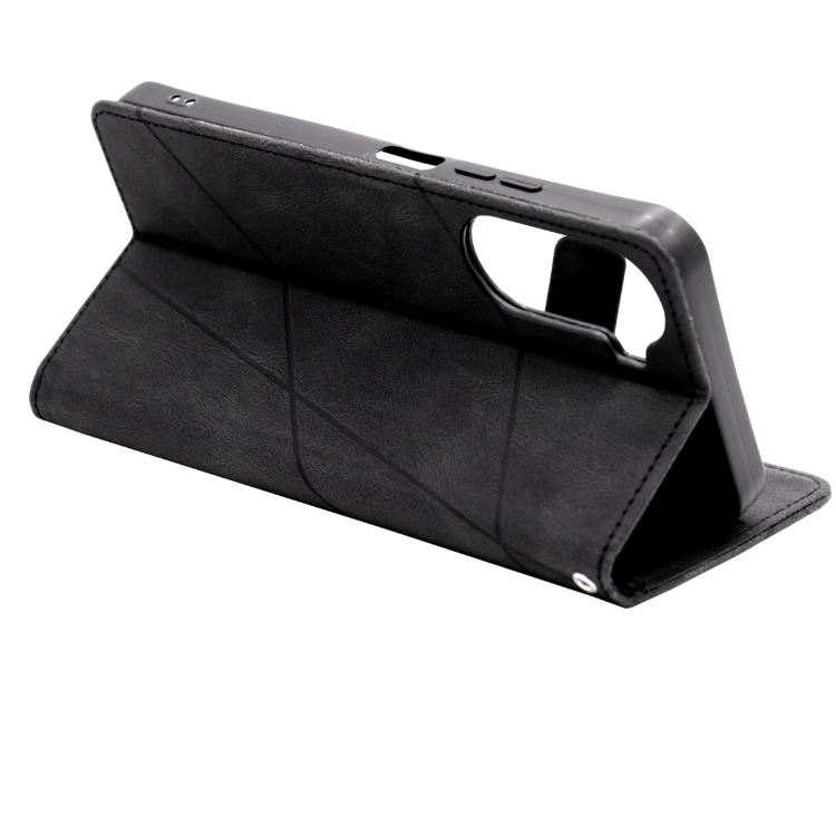 Črna preklopna torbica WLGO Lines za Xiaomi Redmi A7 Pro z magnetnim zapiranjem in elegantnim geometrijskim vzorcem.