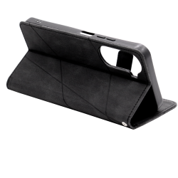 Črna preklopna torbica WLGO Lines za Xiaomi Redmi A7 Pro z magnetnim zapiranjem in elegantnim geometrijskim vzorcem.
