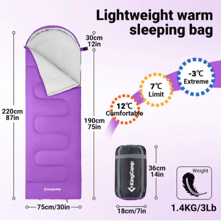 Dimenzije in temperaturni razredi lahke spalne vreče KingCamp, primerna za pomlad in poletje.