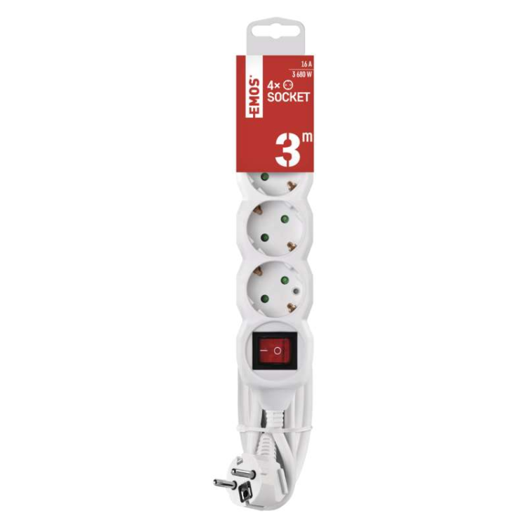 Podaljšek Emos 3 m / 4 vtičnice / s stikalom / beli / PVC / 1,5 mm2