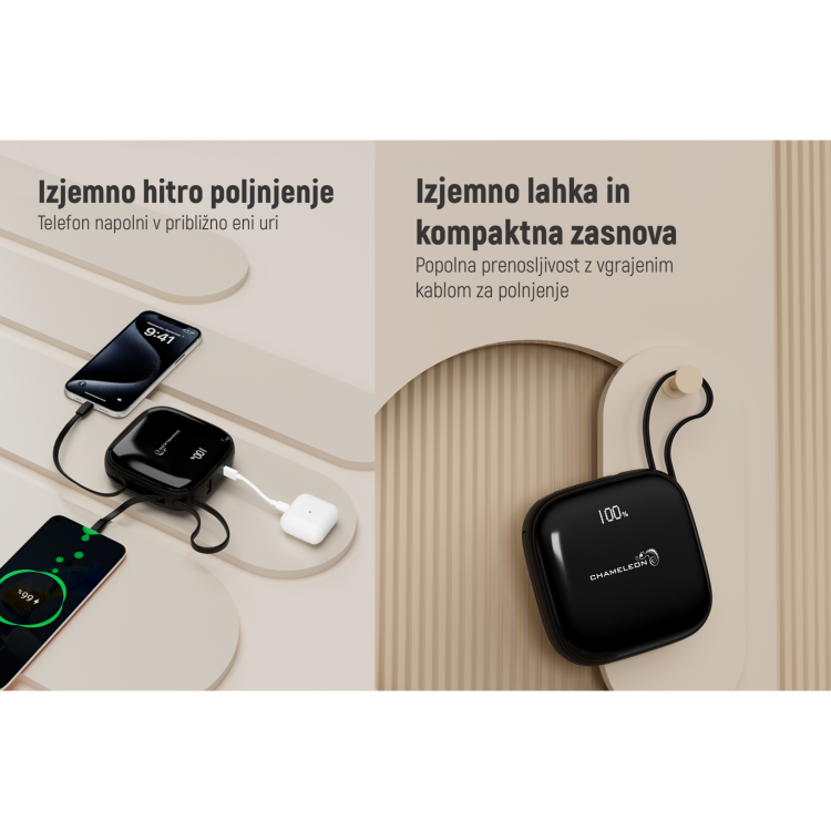 Uporaba Chameleon power banka: hitro polnjenje telefona, lahka in kompaktna zasnova z vgrajenim kablom.