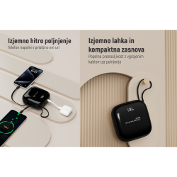 Uporaba Chameleon power banka: hitro polnjenje telefona, lahka in kompaktna zasnova z vgrajenim kablom.