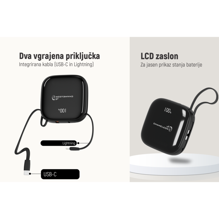 Infografika Chameleon: dva vgrajena kabla USB‑C in Lightning ter LCD zaslon za prikaz stanja baterije.