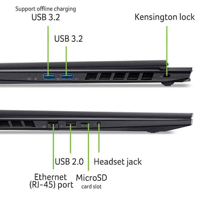 USB 3.2, USB 3.2 (polnjenje), Kensington Lock, RJ-45, USB 2.0, MicroSD reža, avdio priključek.