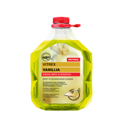 Tekočina za čiščenje vetrobranskega stekla v prozorni plastični posodi z rdečim pokrovom, rumena tekočina, oznaka vanilija, 3 l.