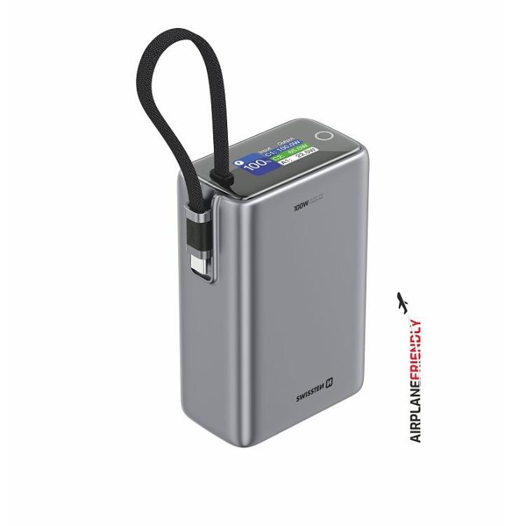Kompaktna zunanja baterija Swissten 25.000 mAh z USB‑C izhodom do 100 W, vgrajenim kablom in priročno zanko za prenašanje zagotavlja zanesljivo napajanje ter učinkovito polnjenje tudi zahtevnejših naprav, kot so prenosni računalniki.