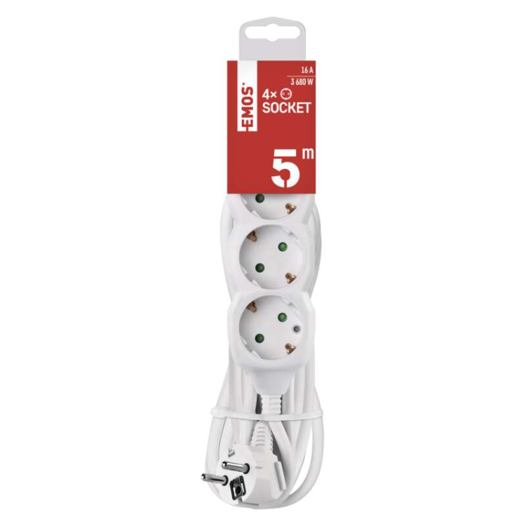 Podaljšek Emos 5 m / 4 vtičnice / beli / PVC / 1,5 mm2