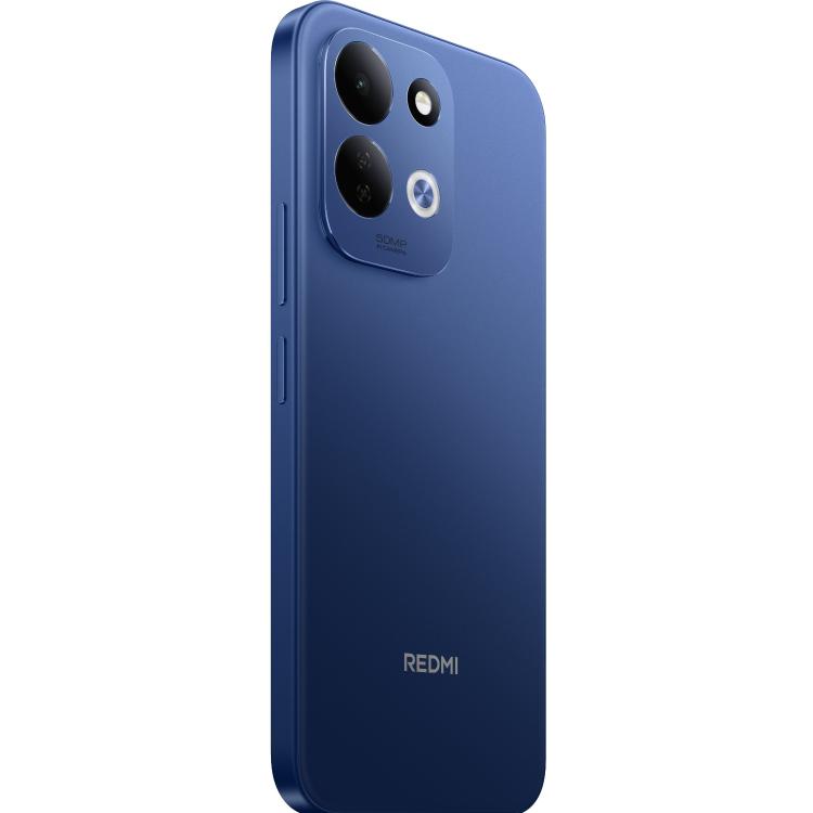 Modri pametni telefon Redmi prikazan iz zadnje stranske perspektive z izpostavljenim modulom dvojne kamere 50 MP AI.