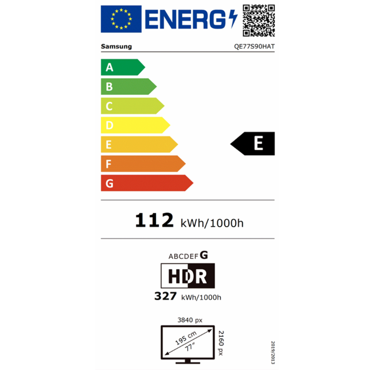 Energijska nalepka Samsung OLED TV QE77S90HAT z razredom učinkovitosti E, poraba 112 kWh/1000 h in diagonala 77 palcev.
