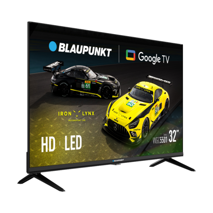 Blaupunkt 32" HD LED Google TV, poševen sprednji pogled, tanek črn okvir, dirkalna grafika Iron Lynx.