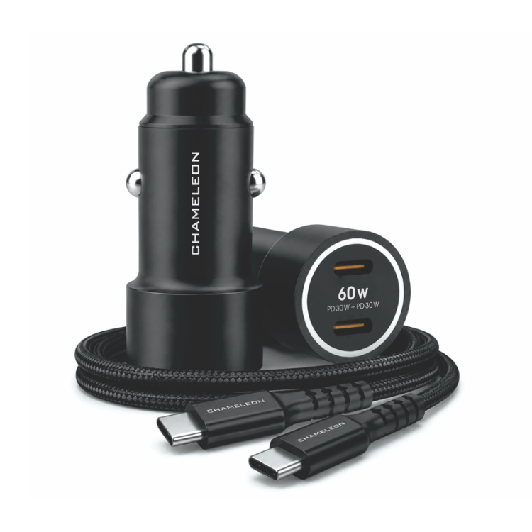 Avtomobilski polnilnik Chameleon 60 W z dvema USB‑C priključkoma in priloženim pletenim USB‑C kablom za hitro polnjenje naprav.