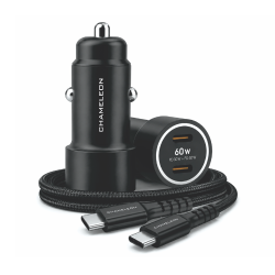 Avtomobilski polnilnik Chameleon 60 W z dvema USB‑C priključkoma in priloženim pletenim USB‑C kablom za hitro polnjenje naprav.