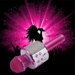Karaoke mikrofon + zvočnik Manta MIC11, Bluetooth, USB, microSD, vgrajena baterija, roza-2
