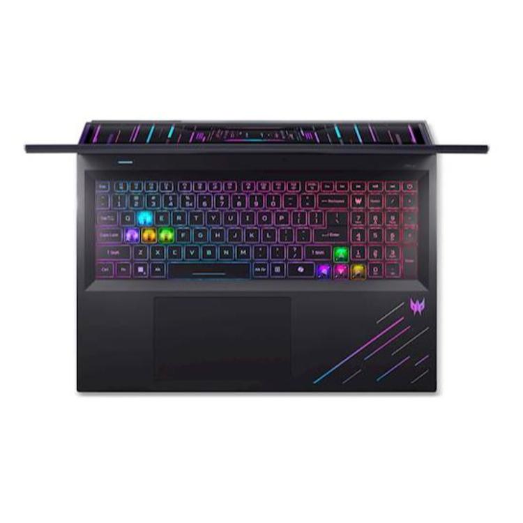 Acer PH18-73-99ZZ Ultra 9 275HX/64GB/SSD 1TB/18'' WQXGA 250Hz/RTX, pogled od zgoraj na RGB osvetljeno tipkovnico in sledilno ploščico.
