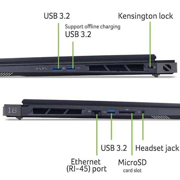 Acer PH18-73-99ZZ Ultra 9 275HX/64GB/SSD 1TB/18'' WQXGA 250Hz/RTX, prikaz bočnih priključkov in rež za hlajenje.