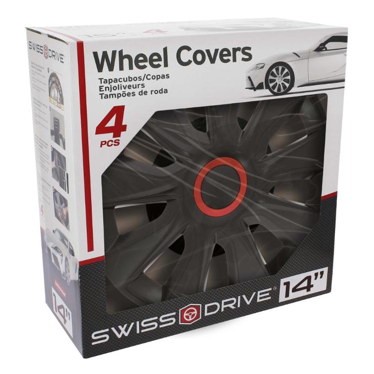 Škatla z napisom “Wheel Covers 4 PCS”, delno odprta, prikazuje pokrov platišča