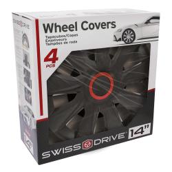 Škatla z napisom “Wheel Covers 4 PCS”, delno odprta, prikazuje pokrov platišča