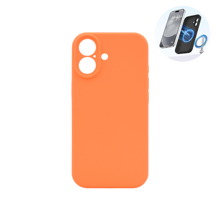 Oranžen silikonski ovitek N‑Soft Magnetic za iPhone 17 s podporo MagSafe, mehko površino in natančno izdelanimi izrezi za kamero.