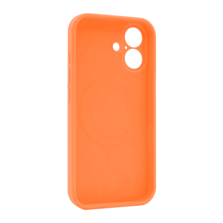 Oranžen silikonski ovitek N‑Soft Magnetic za iPhone 17 z vgrajenim MagSafe magnetnim obročem in natančnimi izrezi za kamero.