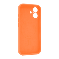 Oranžen silikonski ovitek N‑Soft Magnetic za iPhone 17 z vgrajenim MagSafe magnetnim obročem in natančnimi izrezi za kamero.