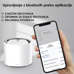 PETKIT Eversweet 3 Pro pametna vodna fontana v beli barvi, prikazana z mobilno aplikacijo za upravljanje delovanja, spremljanje stanja filtra in izbiro načinov delovanja.