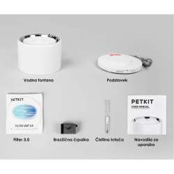 PETKIT Eversweet 3 Pro pametna vodna fontana v beli barvi, prikazana z vsebino kompleta, vključno s filtrom, brezžično črpalko, podstavkom in čistilno krtačko.